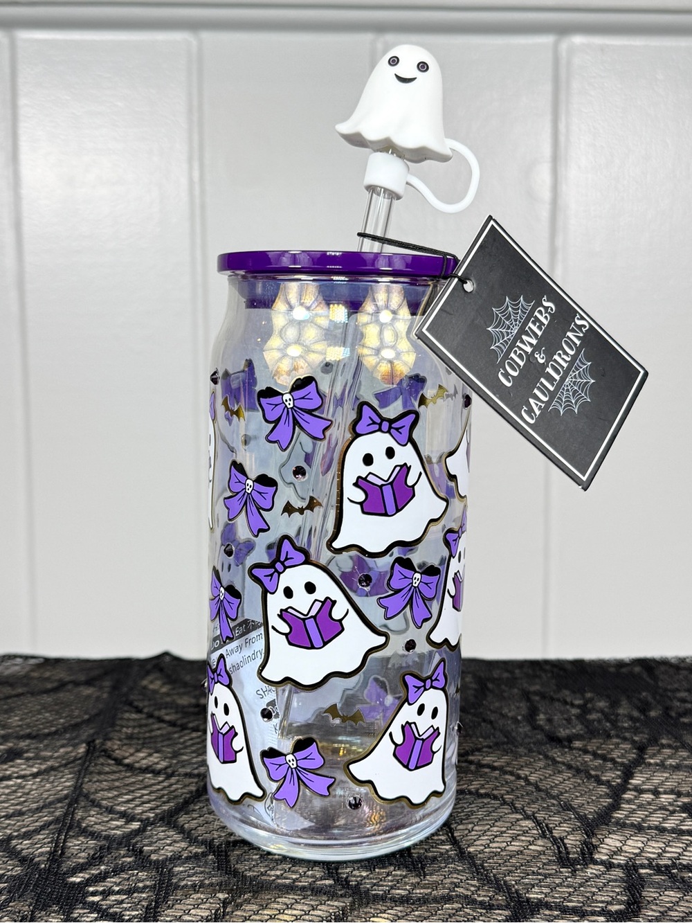 NEW Cobwebs & cauldrons Ghosts Reading Books Halloween Glass Sipper
